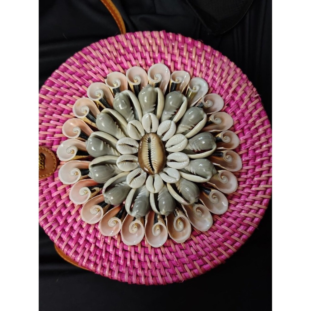 Pink Round Rattan Crossbody Bag‎ Seashell Floral Woven Boho Beach Purse Handbag